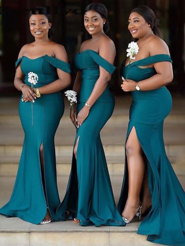 Wholesale Sheath/Column Off-the-Shoulder Jersey Sleeveless Ruched Sweep/Brush Train Bridesmaid Dresses